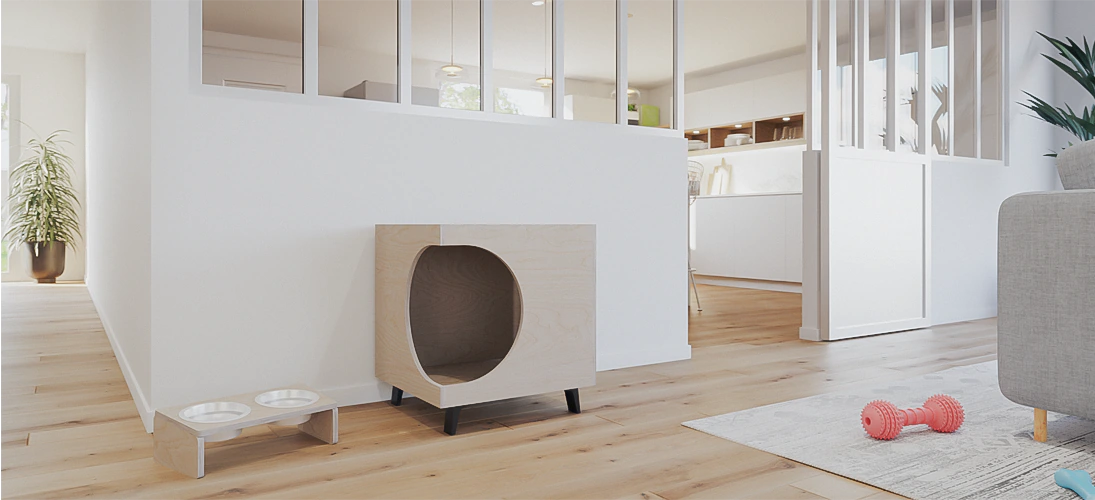 Le cube niche d'intérieur Braveur s'installe à la maison ou au bureau. Mobilier en bois de fabrication française, il est pensé pour le bien-être du chien.